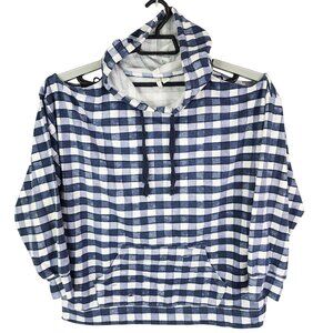Womens Blue & White Checkered Hoodie Shirt Cold Shoulder Long Sleeve Size L